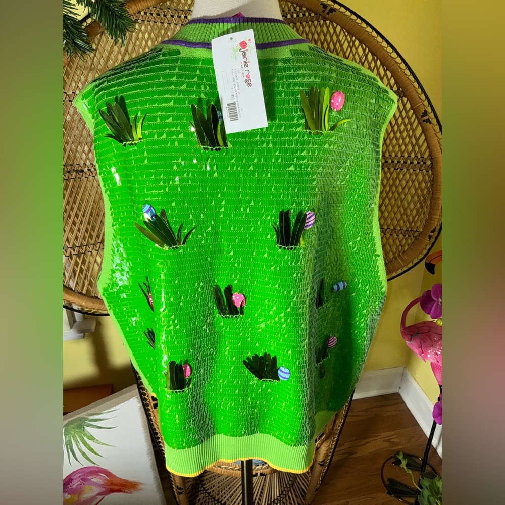 Queen of Sparkles NWT Sequin Easter Egg Grass Vest Size XL - Picture 5 of 11